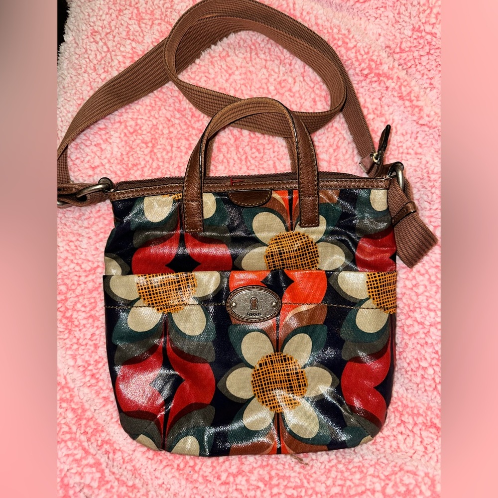 Fossil Multicolor Flower Print Coated Canvas Crossbody Shoulder Bag 5 Pockets